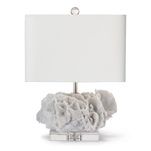 white coral table lamp with white linen shade